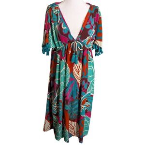 True Destinations Tropical Leaf Tassel Midi Dress Womens Medium Teal Orange Sz M